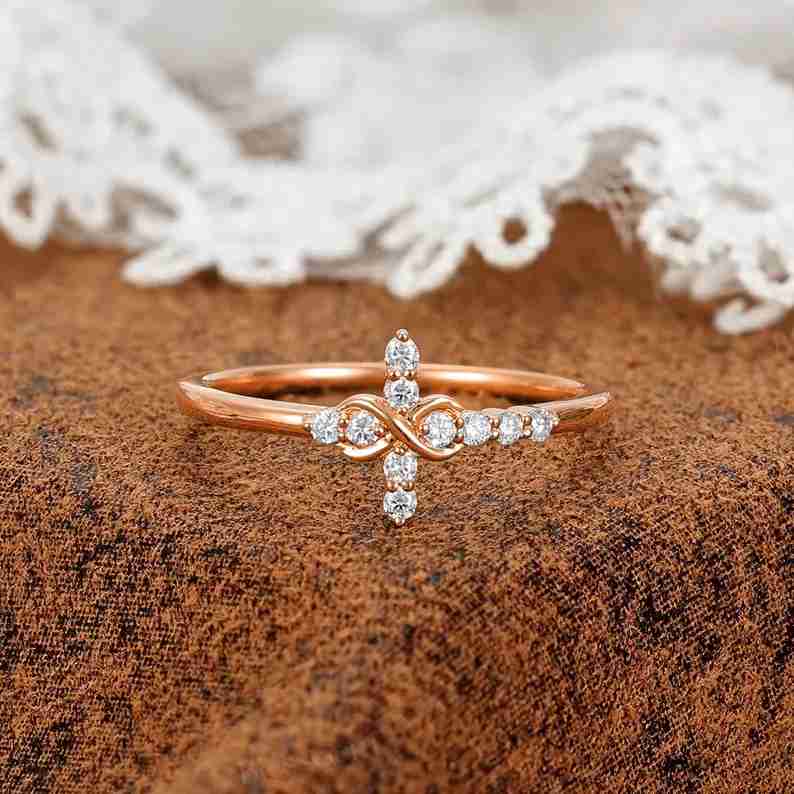 Round Cut Diamond White Sterling Silver Infinity Cross Engagement Ring