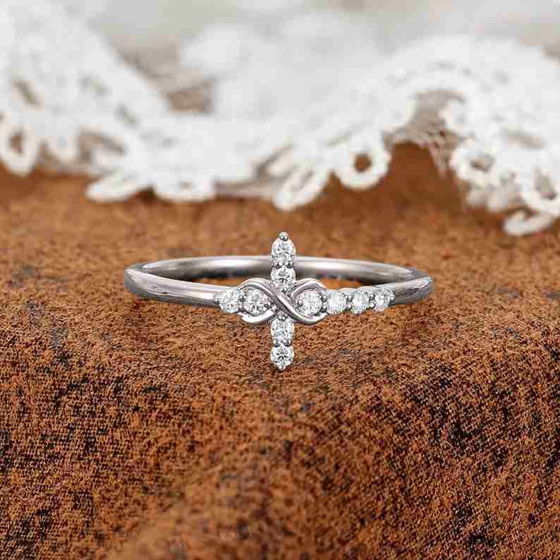 Round Cut Diamond White Sterling Silver Infinity Cross Engagement Ring