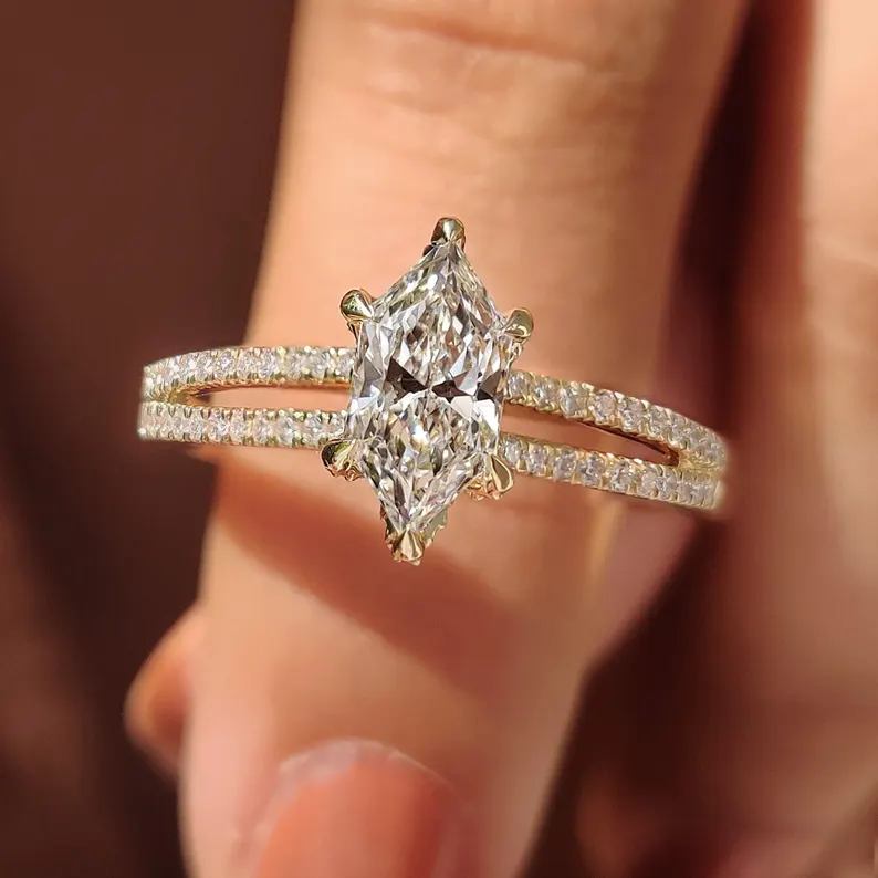 Marquise Cut Diamond White Yellow Gold 925 Sterling Silver Split Shank Engagement Ring