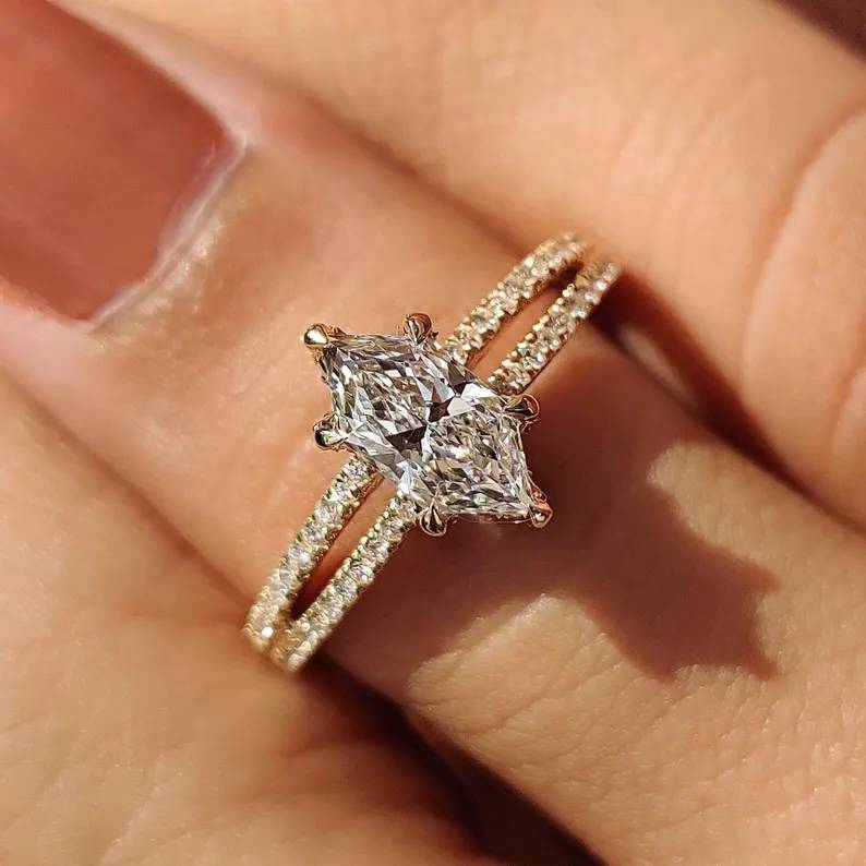 Marquise Cut Diamond White Yellow Gold 925 Sterling Silver Split Shank Engagement Ring