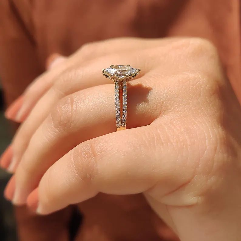 Marquise Cut Diamond White Yellow Gold 925 Sterling Silver Split Shank Engagement Ring