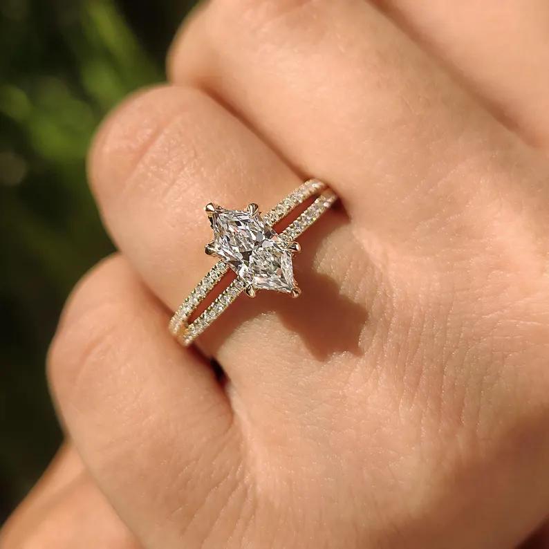 Marquise Cut Diamond White Yellow Gold 925 Sterling Silver Split Shank Engagement Ring