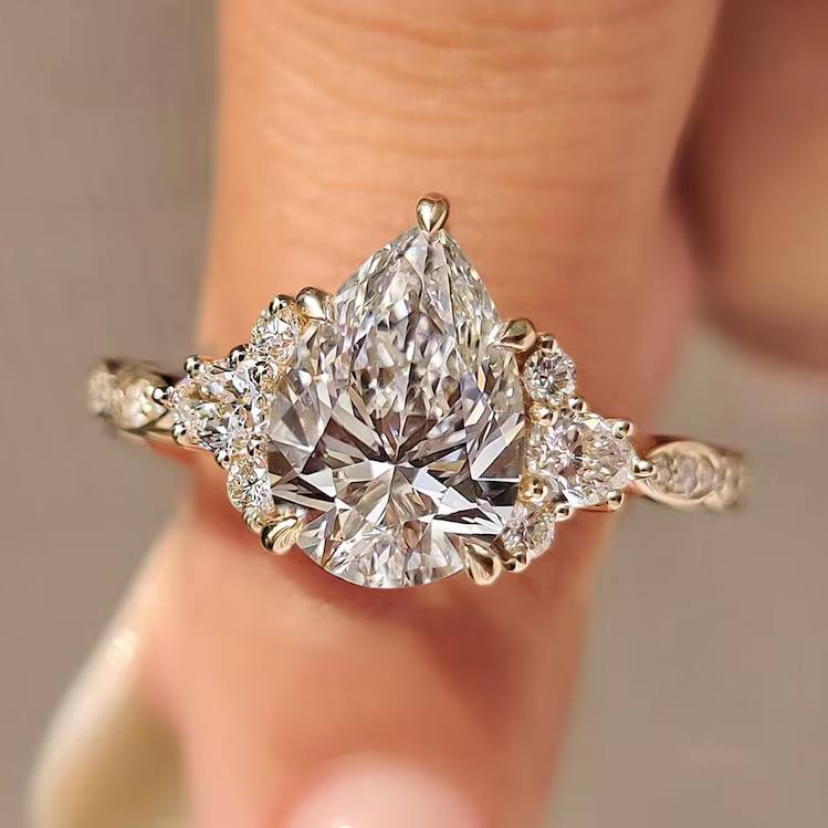 Pear Cut Yellow Gold Diamond White Sterling Silver Engagement Ring