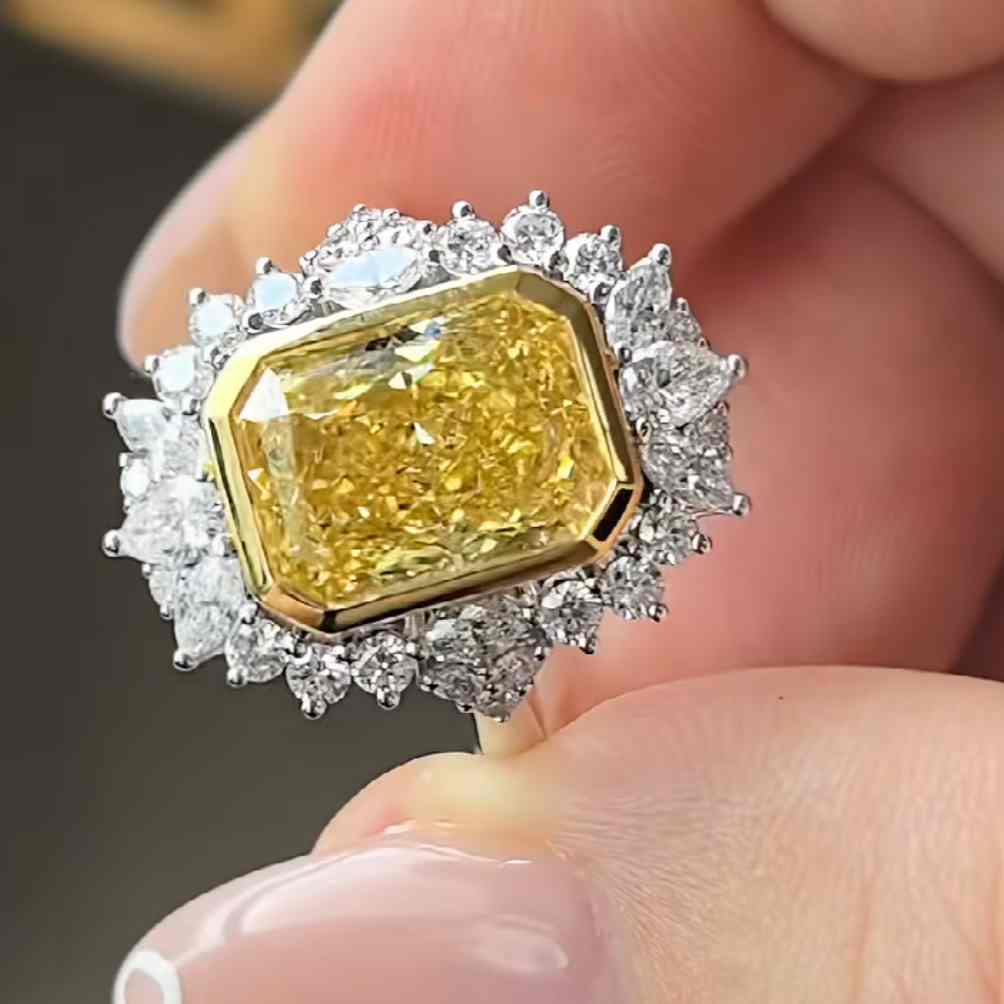 Radiant Cut Citrine Yellow Sterling Silver Halo Bezel Engagement Ring