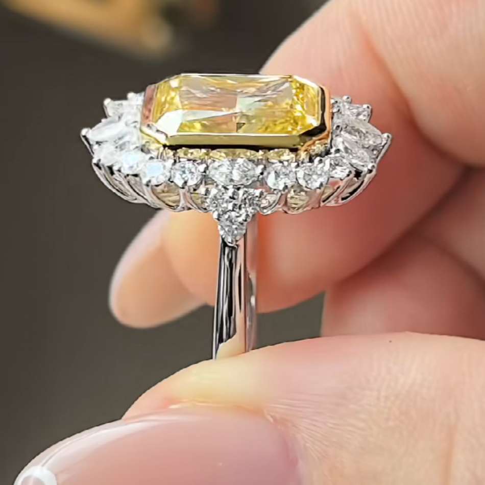Radiant Cut Citrine Yellow Sterling Silver Halo Bezel Engagement Ring