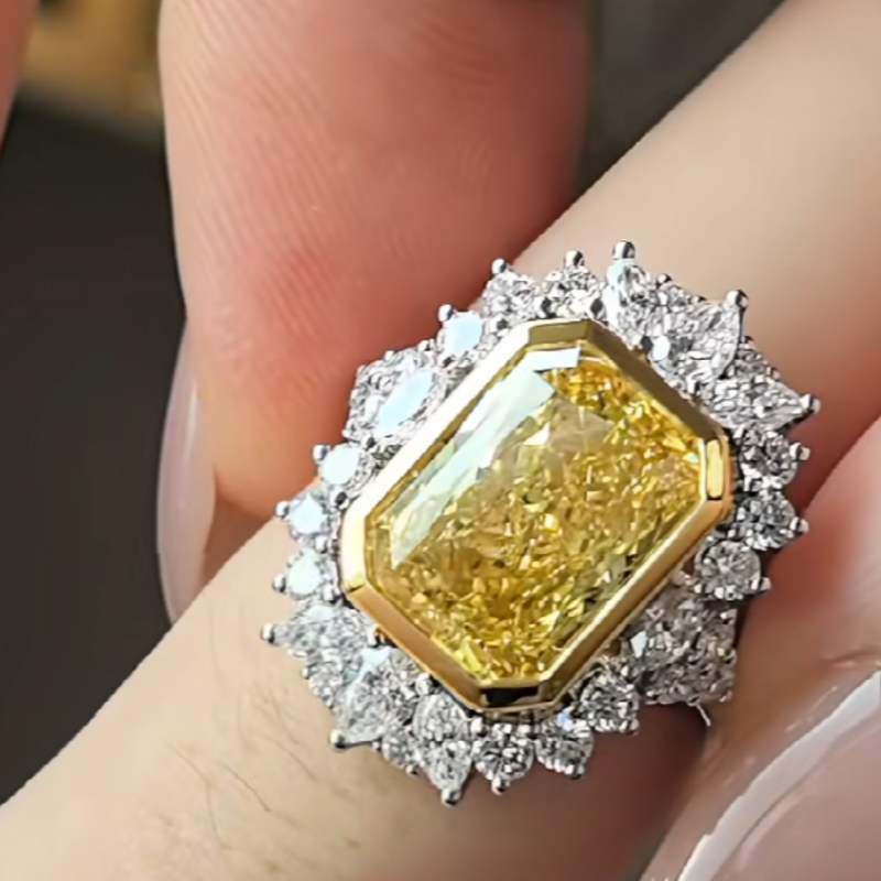 Radiant Cut Citrine Yellow Sterling Silver Halo Bezel Engagement Ring
