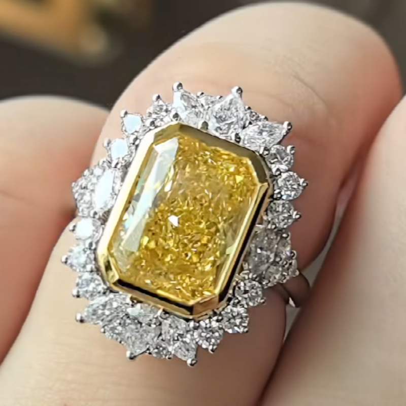 Radiant Cut Citrine Yellow Sterling Silver Halo Bezel Engagement Ring