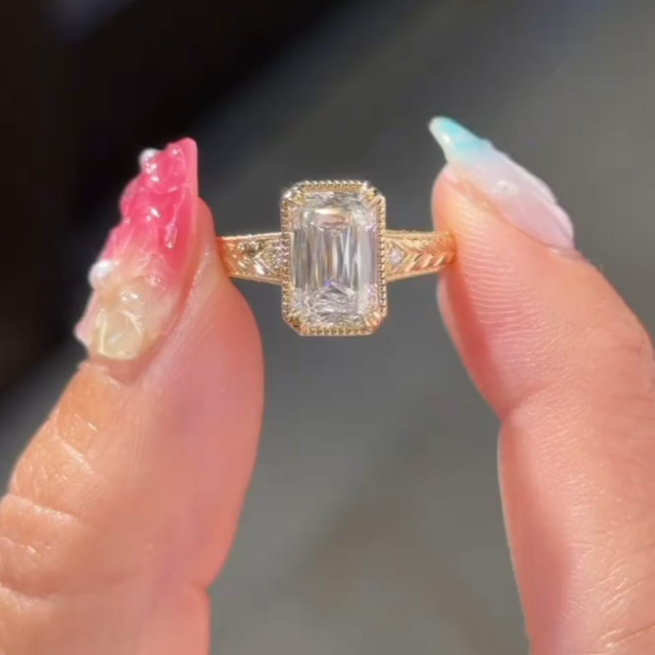 Vintage Emerald Cut Yellow Gold 925 Sterling Silver Yellow Gold Diamond White Engagement Ring