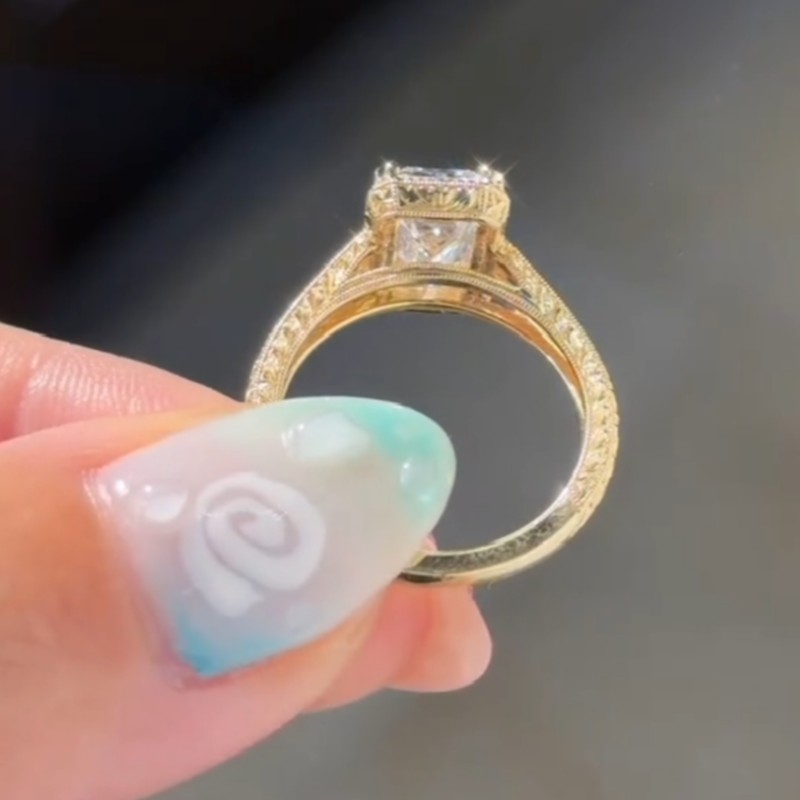 Vintage Emerald Cut Yellow Gold 925 Sterling Silver Yellow Gold Diamond White Engagement Ring