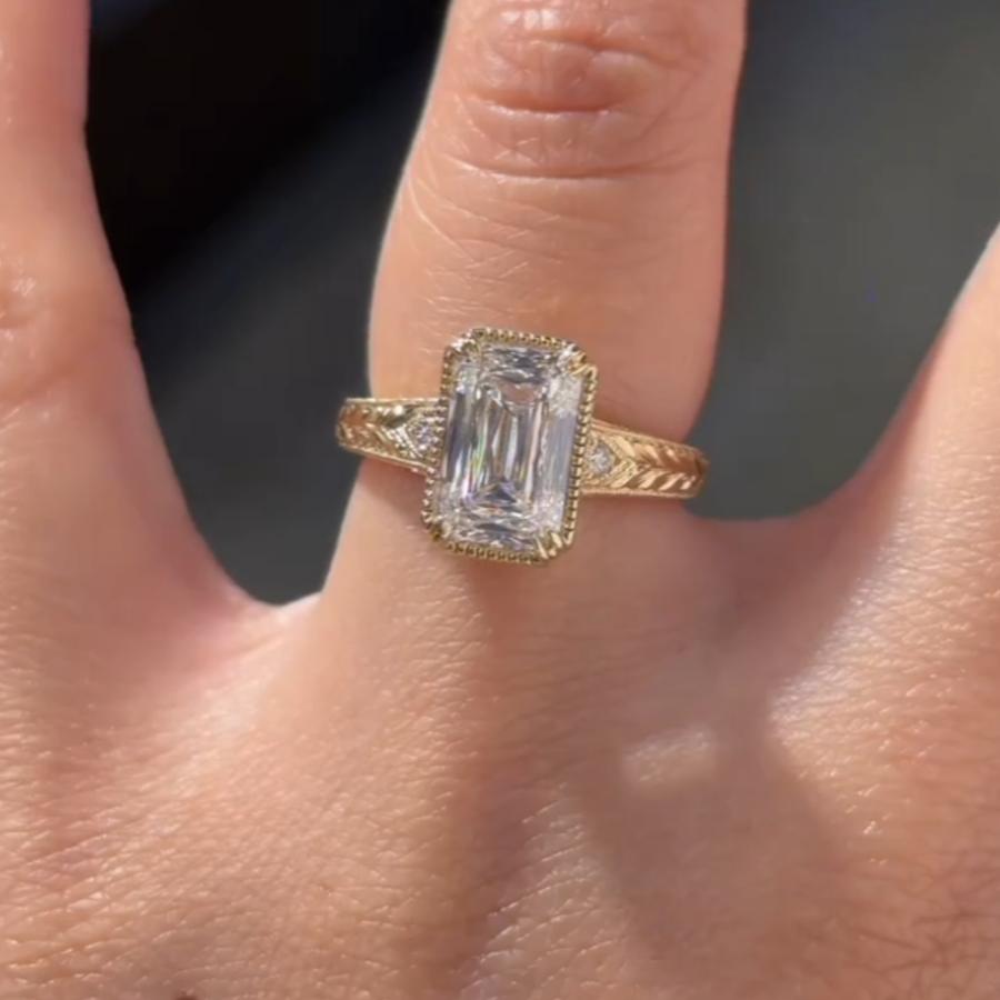 Vintage Emerald Cut Yellow Gold 925 Sterling Silver Yellow Gold Diamond White Engagement Ring