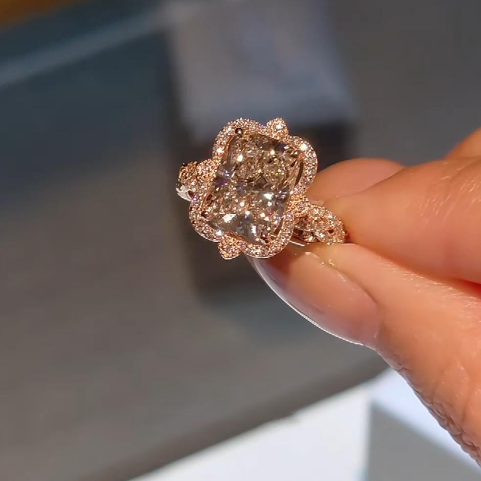 Elegant Cushion Cut Rose Gold Diamond White Sterling Silver Engagement Ring