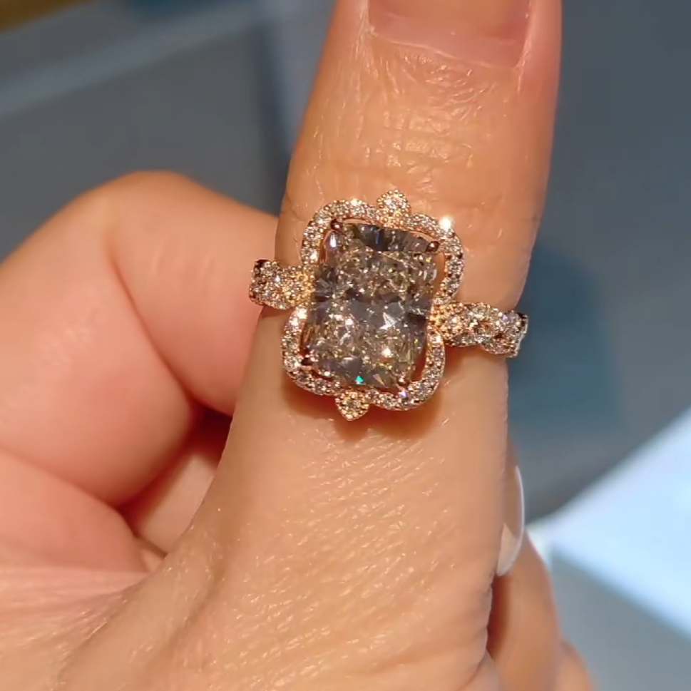 Elegant Cushion Cut Rose Gold Diamond White Sterling Silver Engagement Ring