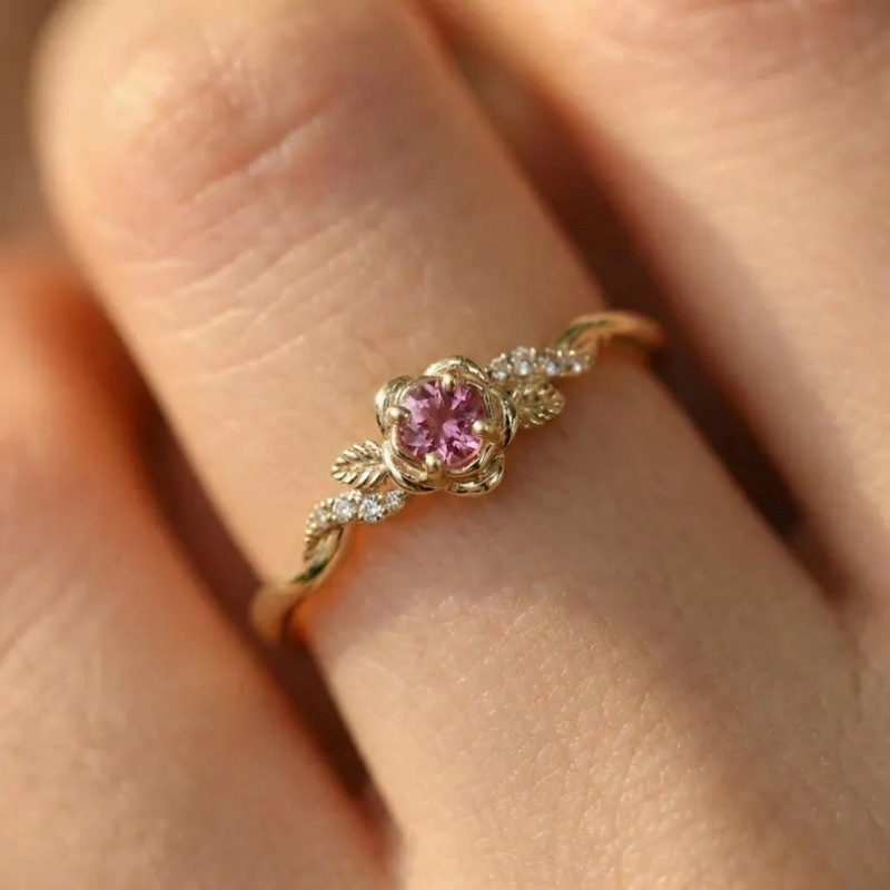 Round Cut FFancy Pink Sterling Silver Yellow Gold Floral Twisted Engagement Ring