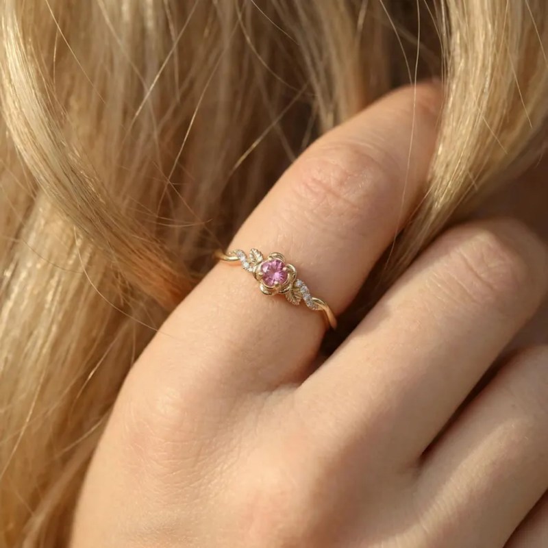 Round Cut FFancy Pink Sterling Silver Yellow Gold Floral Twisted Engagement Ring