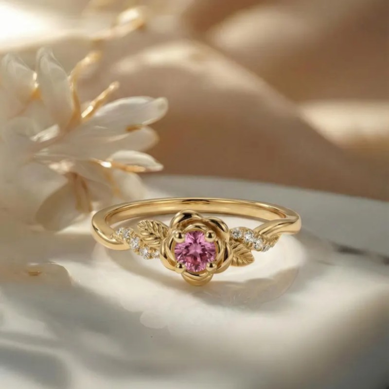 Round Cut FFancy Pink Sterling Silver Yellow Gold Floral Twisted Engagement Ring