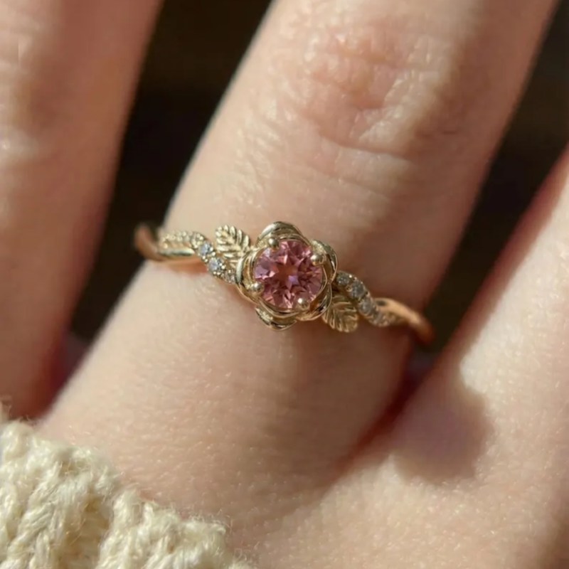 Round Cut FFancy Pink Sterling Silver Yellow Gold Floral Twisted Engagement Ring