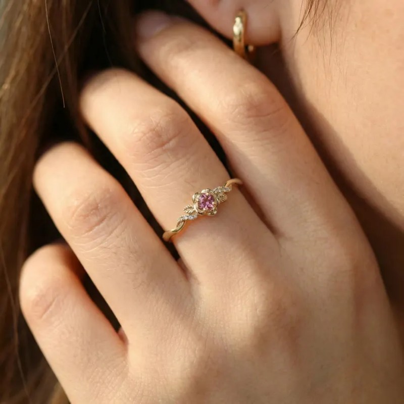 Round Cut FFancy Pink Sterling Silver Yellow Gold Floral Twisted Engagement Ring