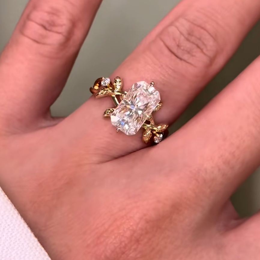 Radiant Cut Diamond White Yellow Gold Sterling Silver Leaf Engagement Ring