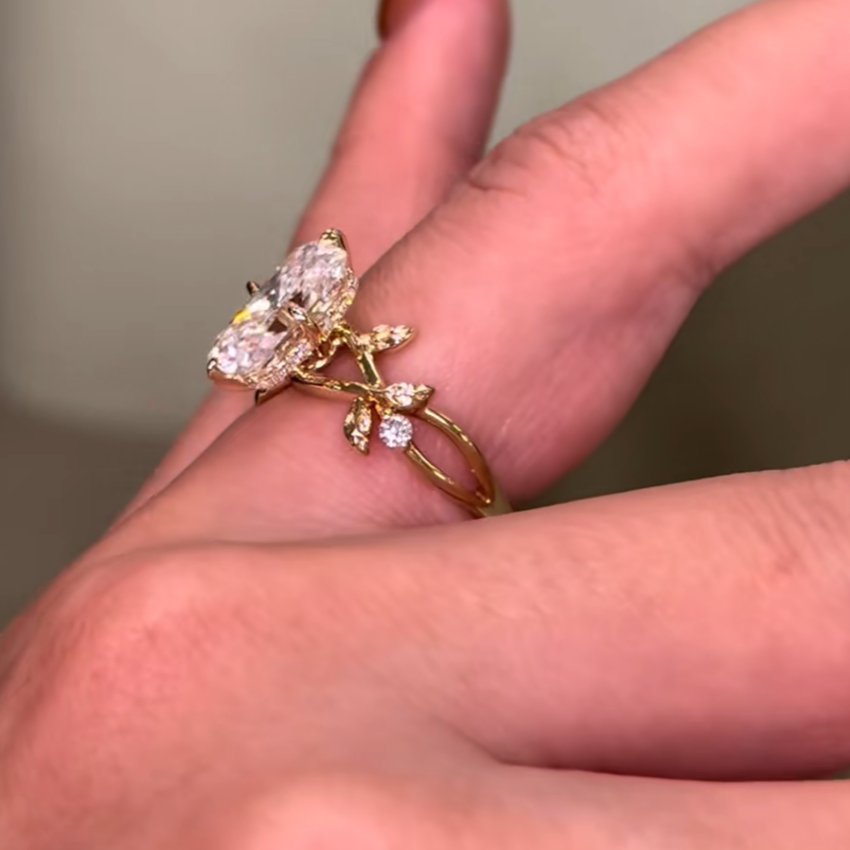 Radiant Cut Diamond White Yellow Gold Sterling Silver Leaf Engagement Ring