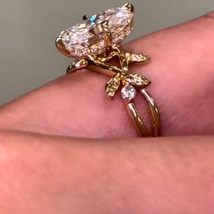 Radiant Cut Diamond White Yellow Gold Sterling Silver Leaf Engagement Ring