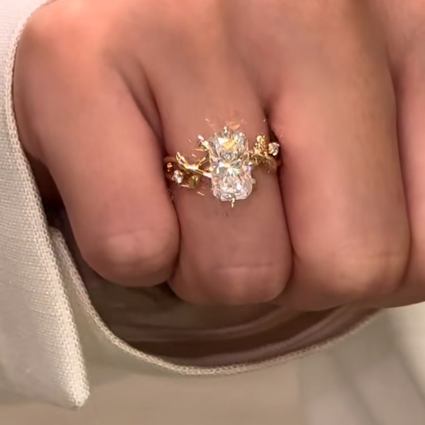Radiant Cut Diamond White Yellow Gold Sterling Silver Leaf Engagement Ring
