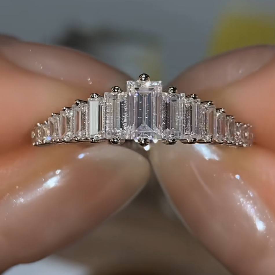 Elegant Emerald Cut Diamond White 925 Sterling Silver Engagement Ring