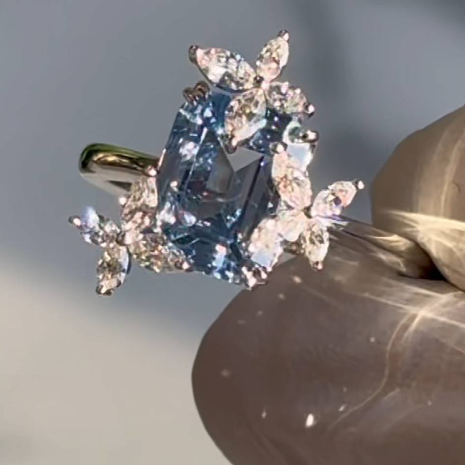 Emerald Cut Sapphire Blue 925 Sterling Silver Three Butterfly Engagement Ring