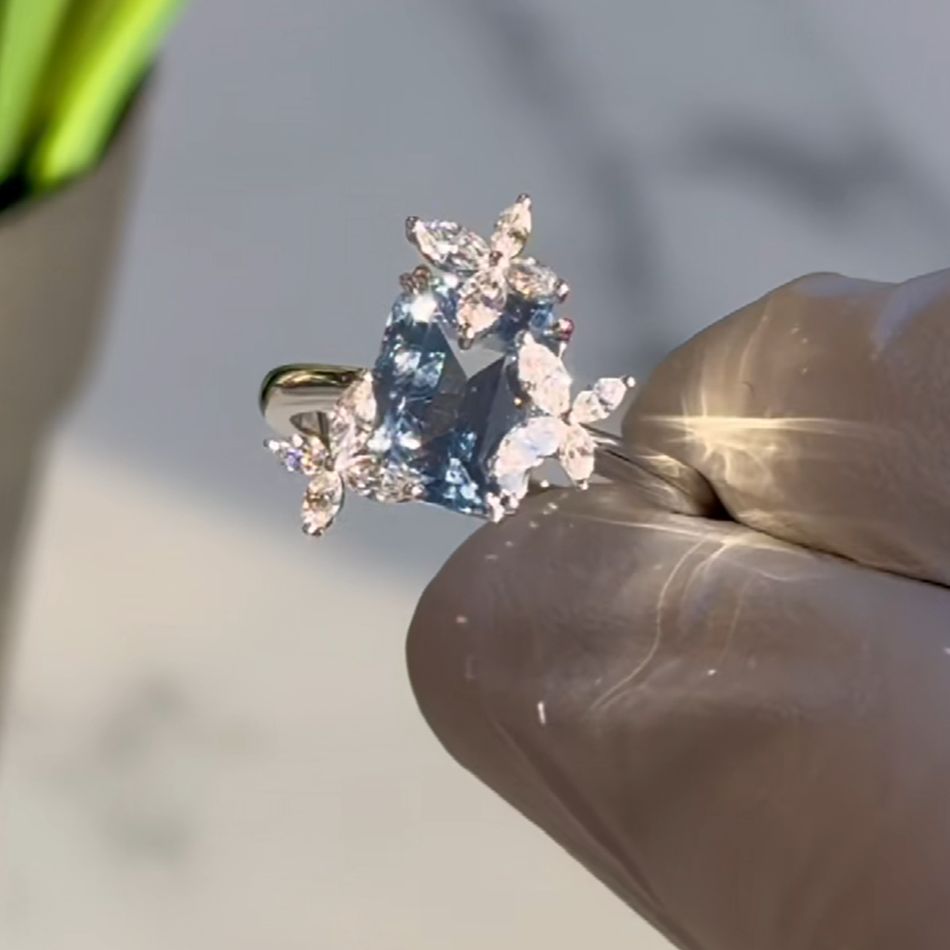 Emerald Cut Sapphire Blue 925 Sterling Silver Three Butterfly Engagement Ring