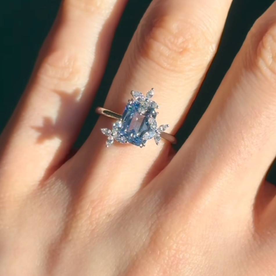 Emerald Cut Sapphire Blue 925 Sterling Silver Three Butterfly Engagement Ring