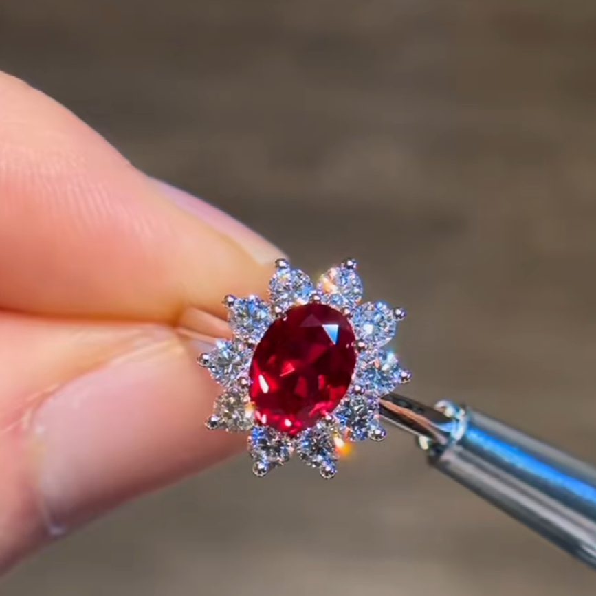 Vintage Oval Cut Ruby Red 925 Sterling Silver Flower Engagement Ring