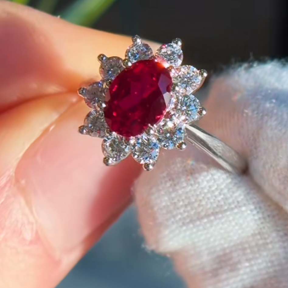 Vintage Oval Cut Ruby Red 925 Sterling Silver Flower Engagement Ring