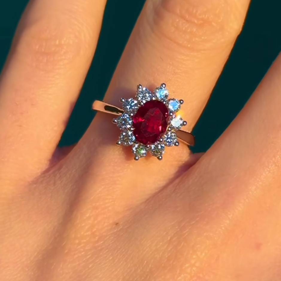 Vintage Oval Cut Ruby Red 925 Sterling Silver Flower Engagement Ring