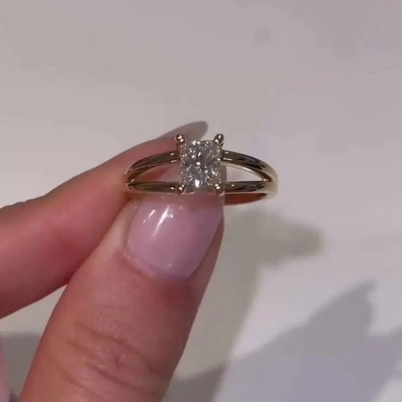 Radiant Cut Diamond White Yellow Gold Sterling Silver Halo Solitaire Engagement Ring