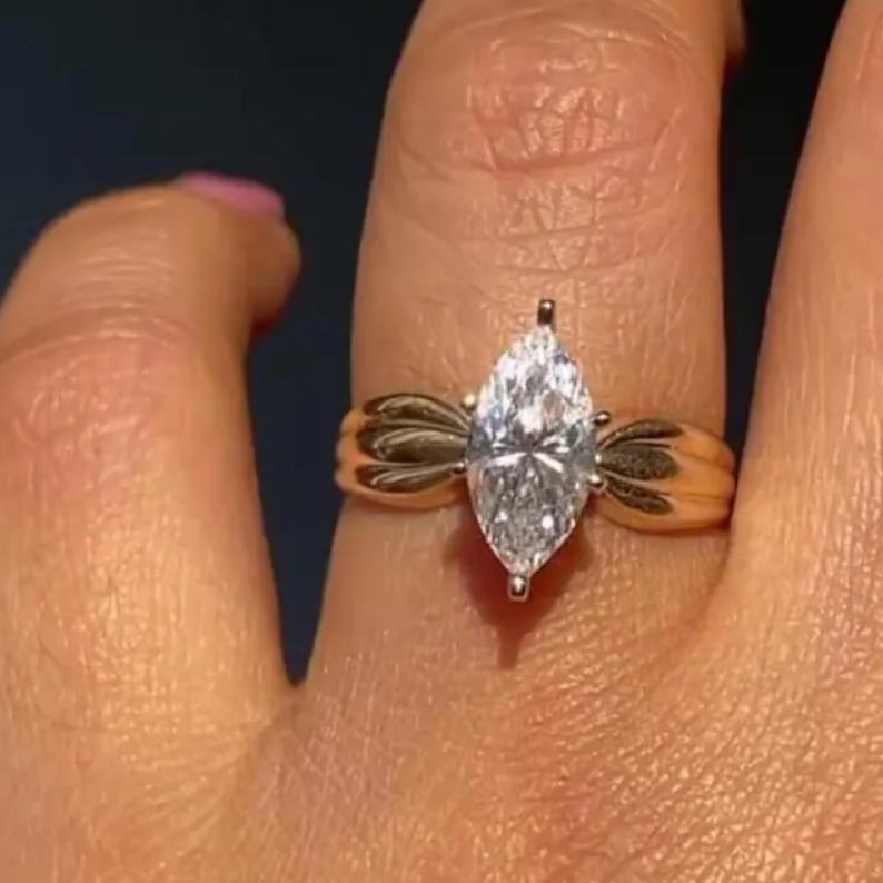 Marquise Cut Diamond White Sterling Silver Yellow Gold Solitaire Engagement Ring