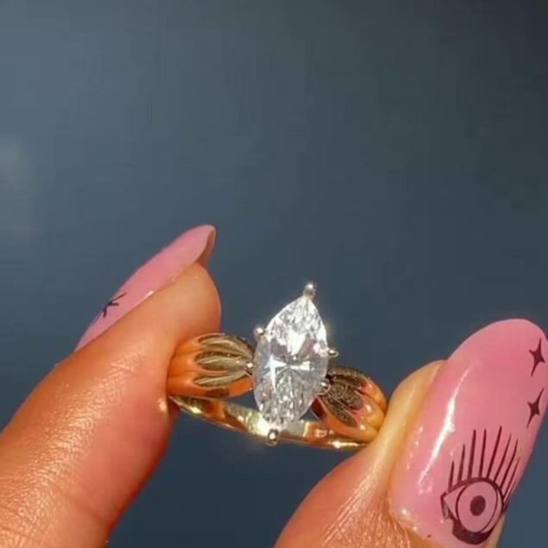 Marquise Cut Diamond White Sterling Silver Yellow Gold Solitaire Engagement Ring
