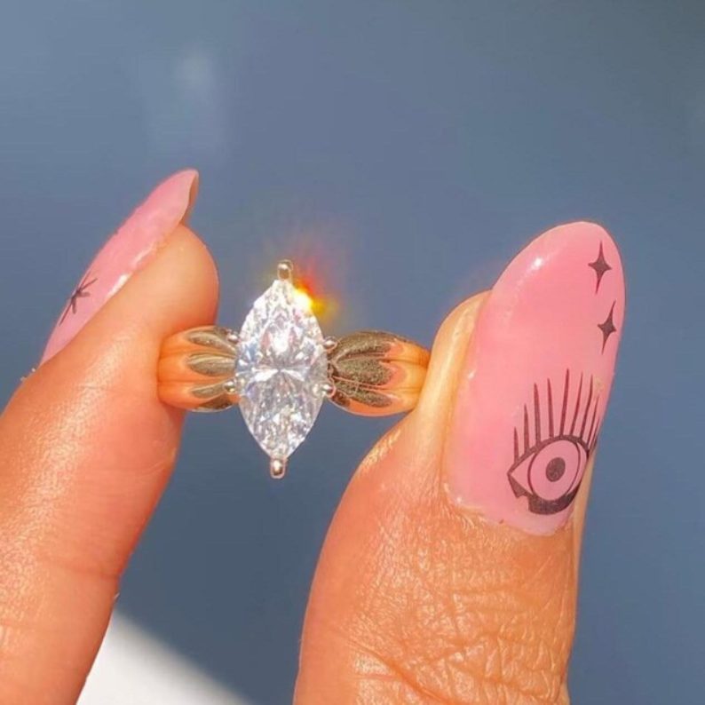 Marquise Cut Diamond White Sterling Silver Yellow Gold Solitaire Engagement Ring