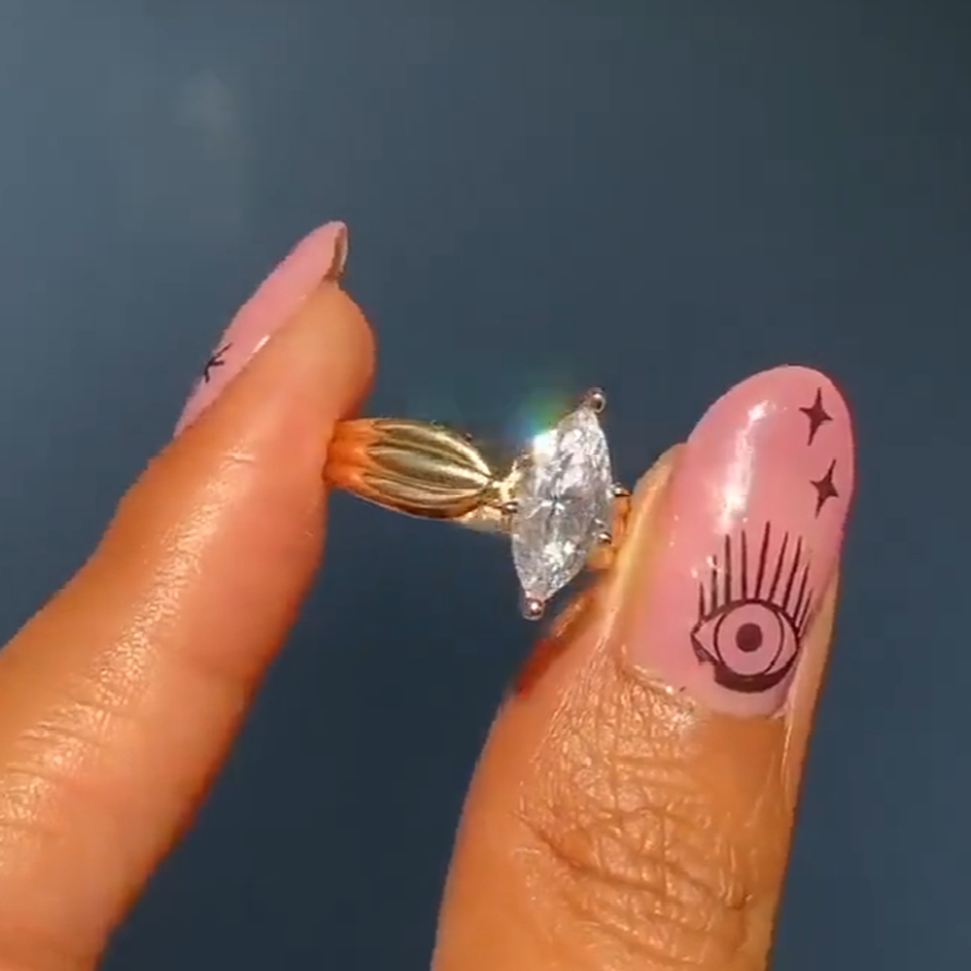 Marquise Cut Diamond White Sterling Silver Yellow Gold Solitaire Engagement Ring