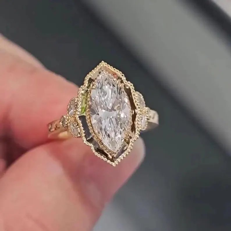 Vintage Marquise Cut Diamond White Sterling Silver Yellow Gold Engagement Ring