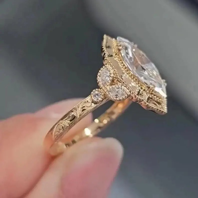 Vintage Marquise Cut Diamond White Sterling Silver Yellow Gold Engagement Ring