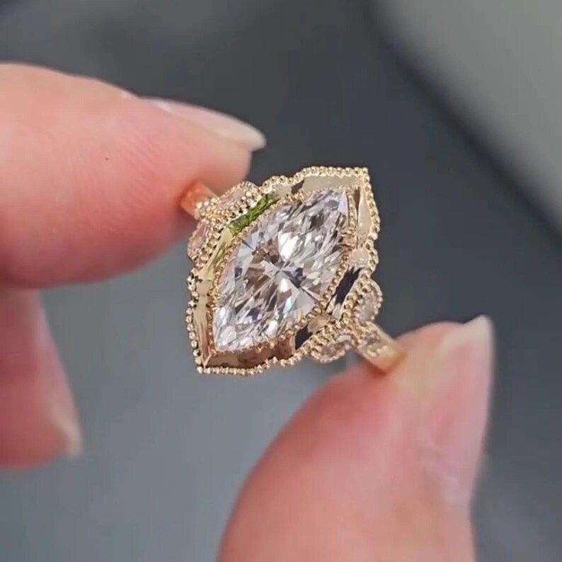 Vintage Marquise Cut Diamond White Sterling Silver Yellow Gold Engagement Ring