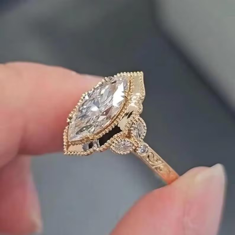 Vintage Marquise Cut Diamond White Sterling Silver Yellow Gold Engagement Ring