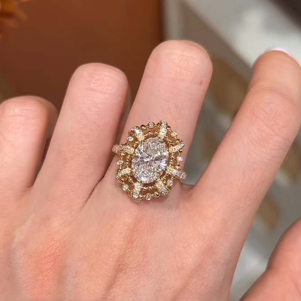 Vintage Oval Cut Diamond White Sterling Silver Yellow Gold Halo Engagement Ring
