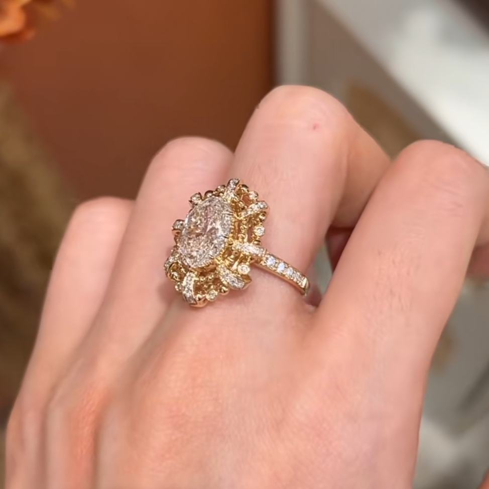 Vintage Oval Cut Diamond White Sterling Silver Yellow Gold Halo Engagement Ring