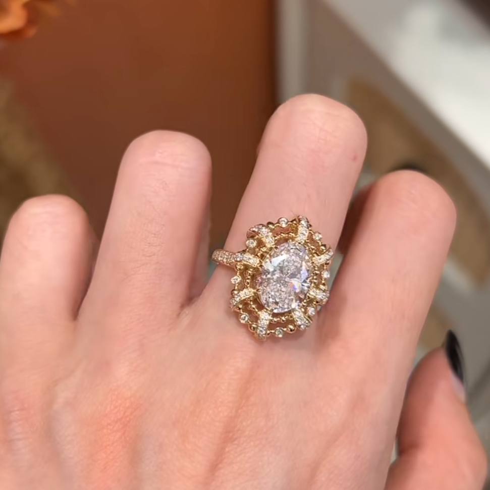 Vintage Oval Cut Diamond White Sterling Silver Yellow Gold Halo Engagement Ring