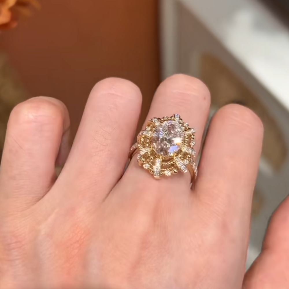 Vintage Oval Cut Diamond White Sterling Silver Yellow Gold Halo Engagement Ring