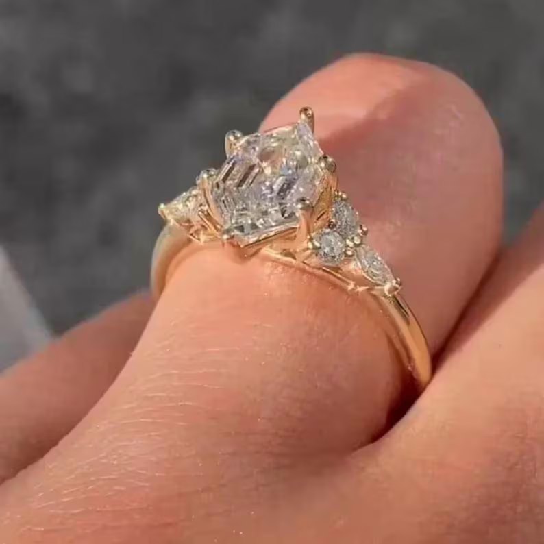Hexagonal Cut Yellow Gold Sterling Silver Diamond White Cluster Engagement Ring