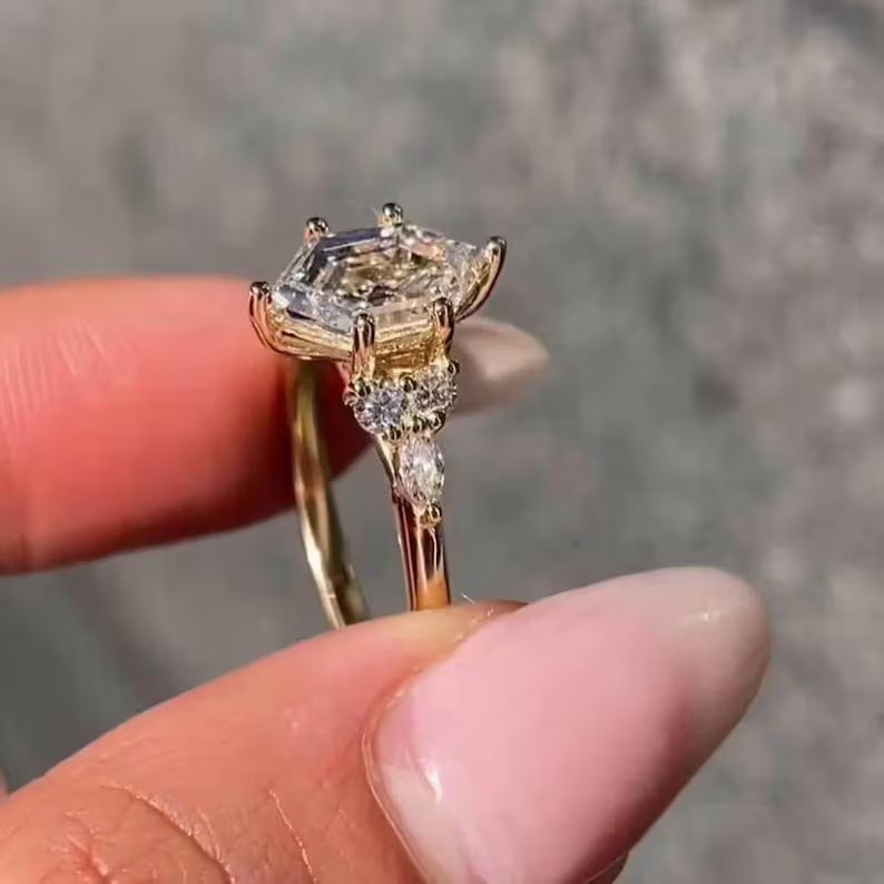 Hexagonal Cut Yellow Gold Sterling Silver Diamond White Cluster Engagement Ring