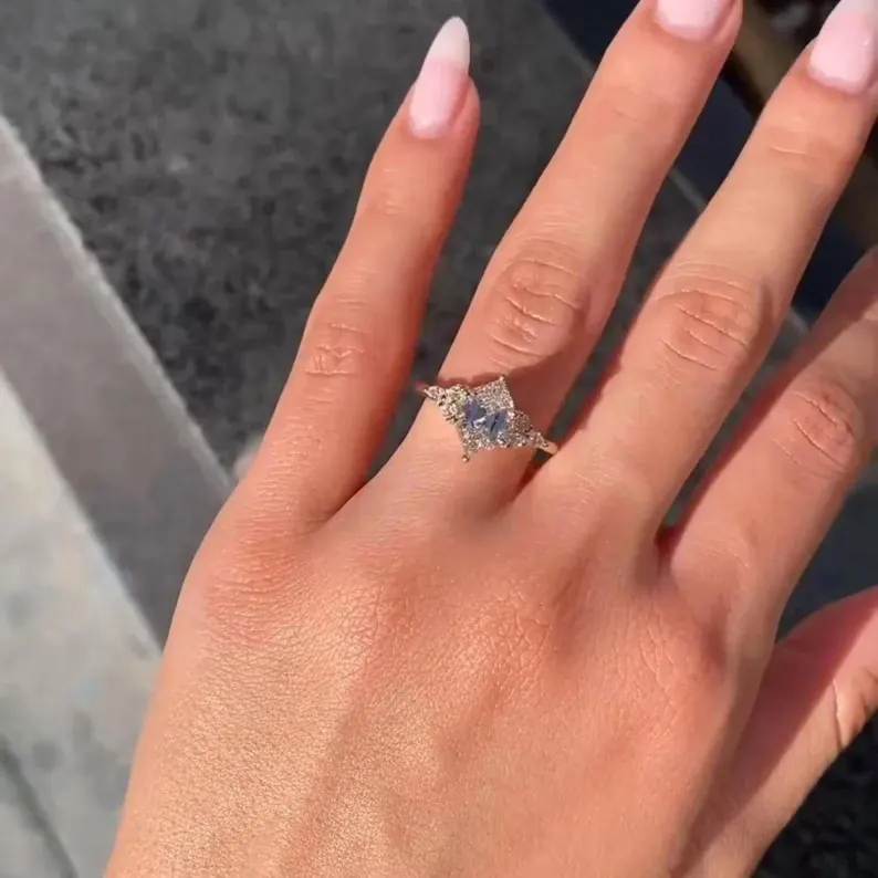 Hexagonal Cut Yellow Gold Sterling Silver Diamond White Cluster Engagement Ring