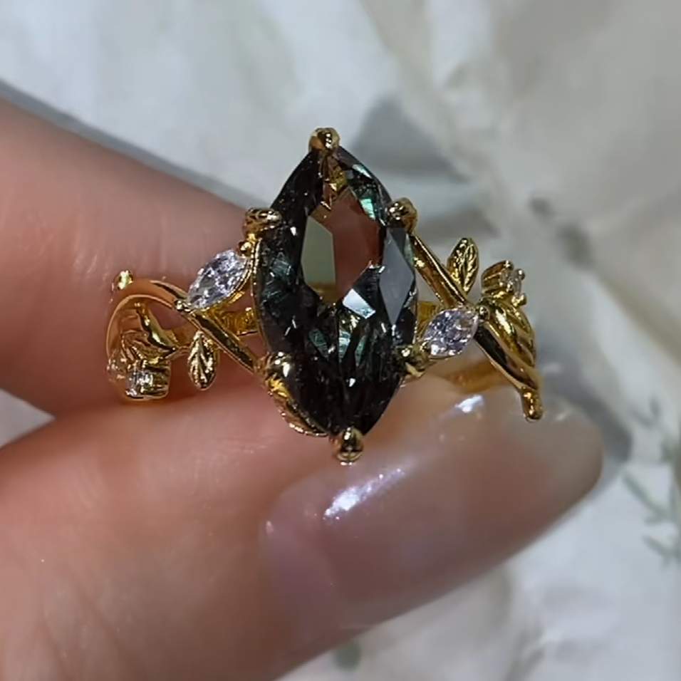 Vintage Marquise Cut Peridot Green Sterling Silver Yellow Gold Engagement Ring