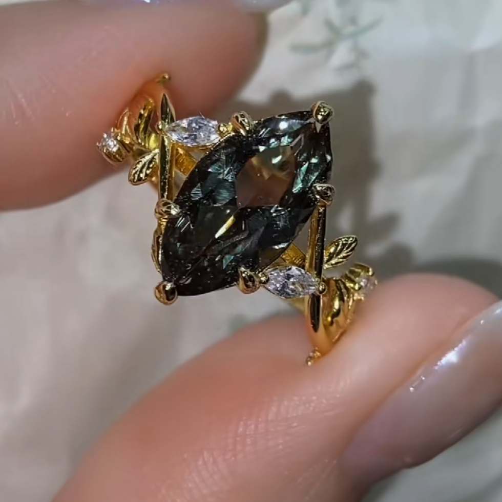 Vintage Marquise Cut Peridot Green Sterling Silver Yellow Gold Engagement Ring